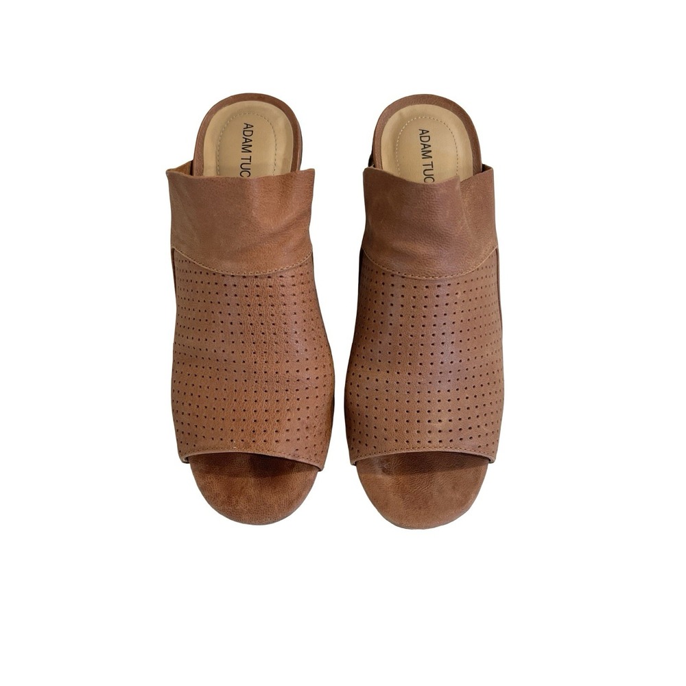 Adam Tucker Women's Perforated‎ Leather Tan Slip On Mule Shoes Heels Size 7.5M - Picture 3 of 7